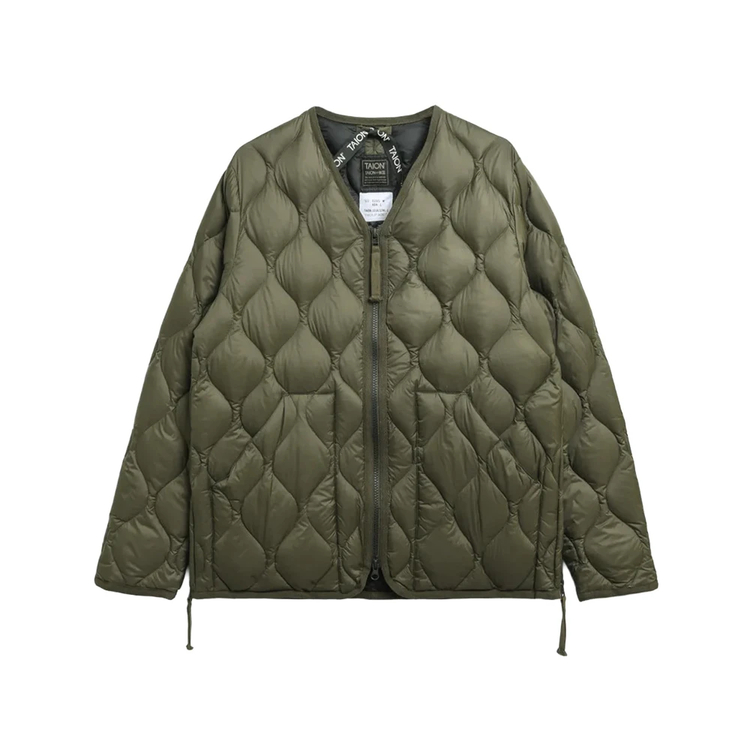 タイオン]ミリタリー VネックWジップ ダウンジャケット-ソフトシェル